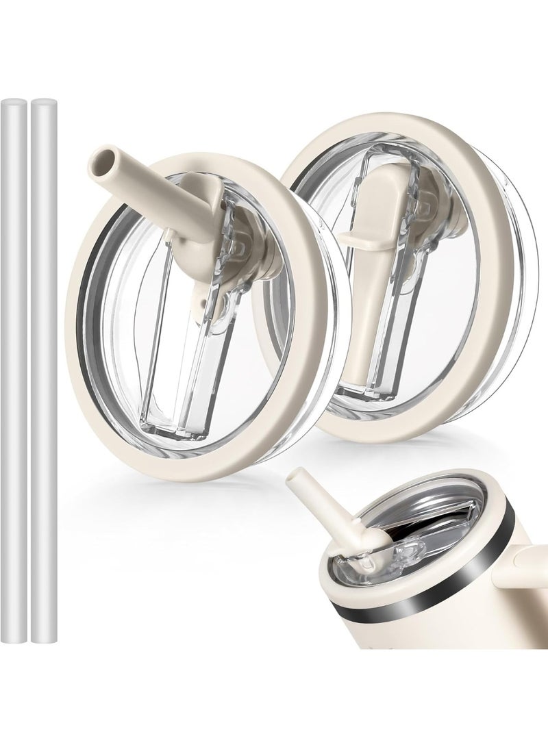 2 Pack 40 oz Tumbler Flip Straw Lid Replacement Fit for Stanley Quencher, Leak Proof for Stanley Lid Replacement Spill Proof Reusable Tumbler Cover for Stanley Cup Accessories (Beige) - Image 1